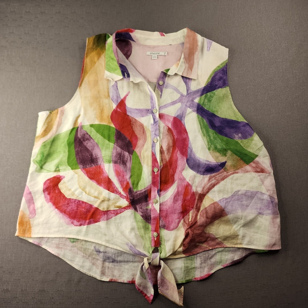 Chicos Linen Sleeveless Top Floral Watercolor Tie Front Blouse Size 3.5 Plus 18